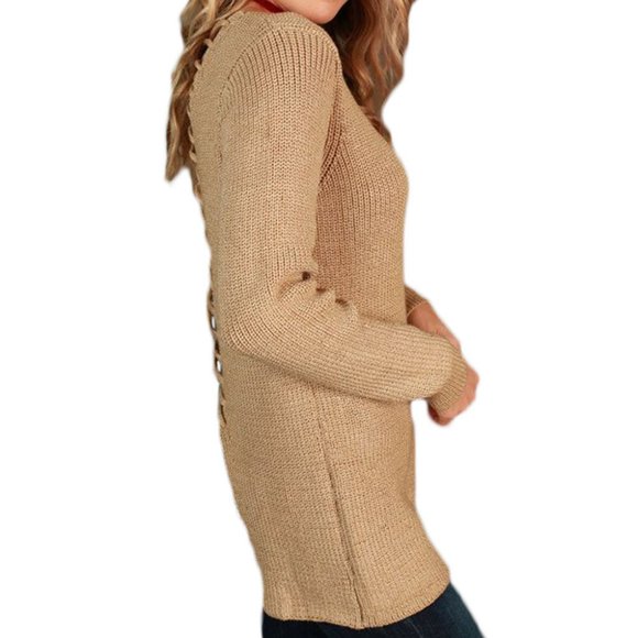Khaki tan Lace-up back Sweater - Picture 3 of 4